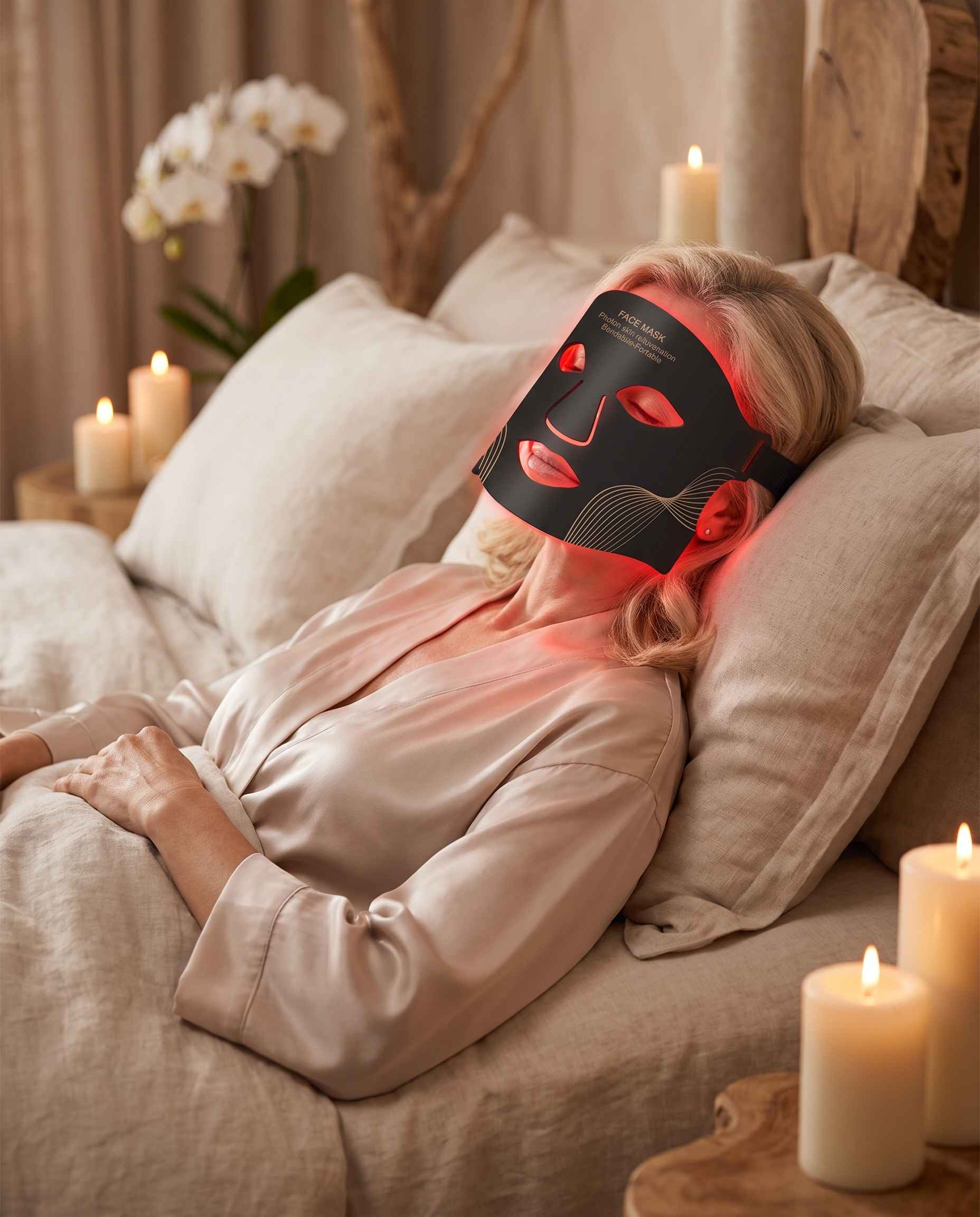 Woman relaxing in the Vellura Lumi LED mask
