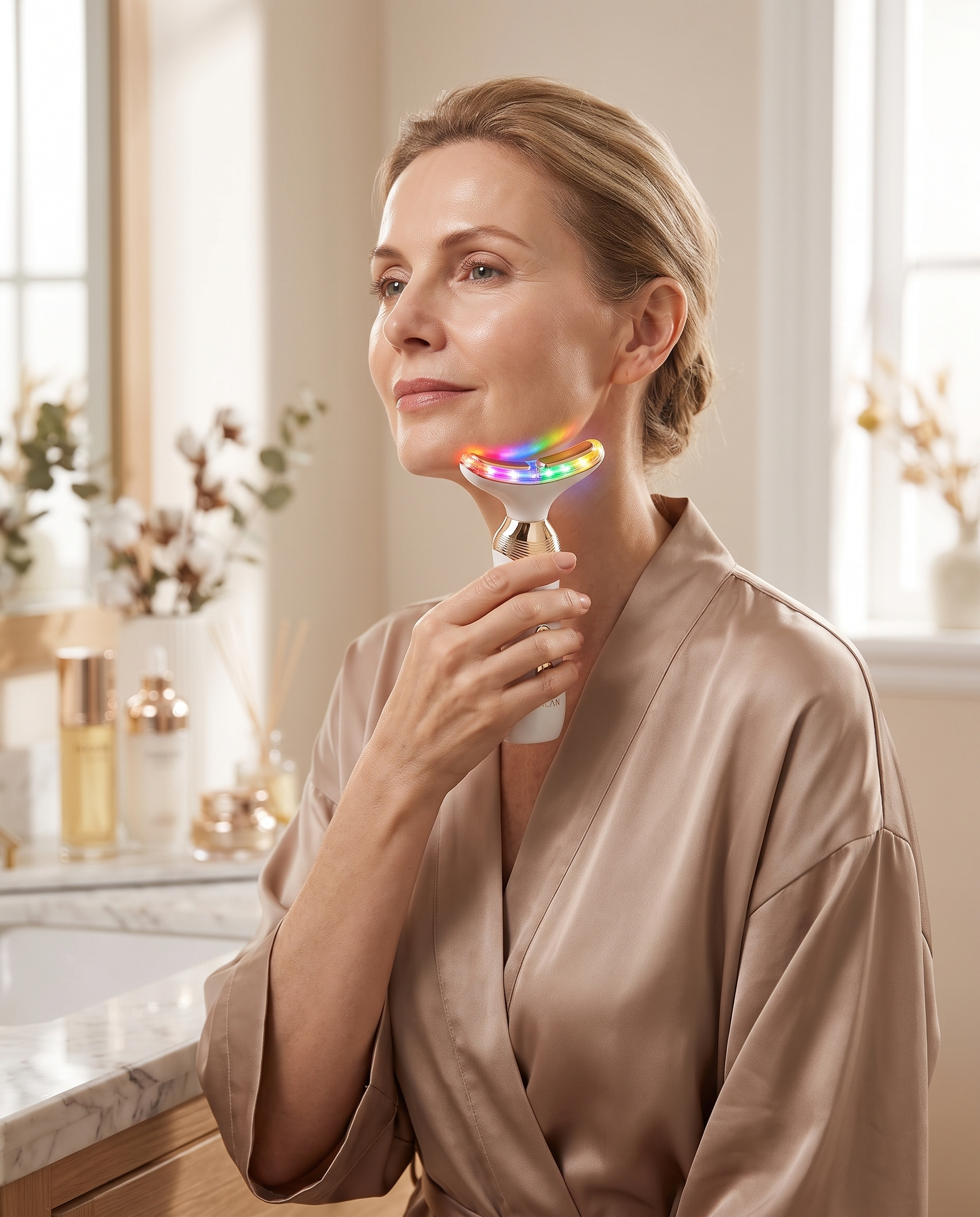 Woman using the Vellura Sculpt wand along her jaw and neck